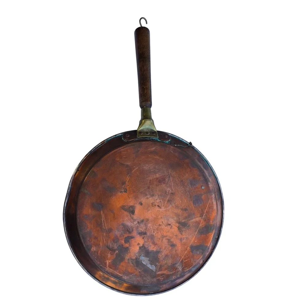 Vintage Tinned Copper Frying Pan 9.5 Inch Skillet Wood Handle Brass Rivets
